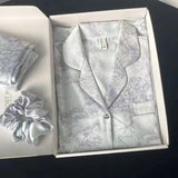 SHOPMOCHO 2026 New Ice Silk 2 Pieces Pajamas for Women Autumn Spring Women's Pajamas Set Elegant Ptinting Flower Home Wear Soft Sleepwear