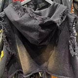 SHOPMOCHO American retro old wash jeans vest women's fashion high-end stitching hole design short sleeveless hooded patch coat jacket.