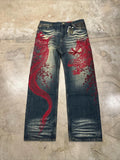 SHOPMOCHO Japanese Harajuku Jeans Mens New Dragon High Quality Jeans Gothic Y2K Vintage Hip Hop Streetwear Denim Fabric Wide Leg Pants