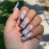 Shopmocho 24pcs Y2k Summer Sea Blue Gradient Fake Nails With Water Ripples Designs Long Square Coffin False Nails Set Press On Nail Tips