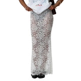 Shopmocho Women's Summer Sheer Lace Floral Long Skirt Fashion See-Through Low Rise Wrap Bodycon Skirts for Nightclub Bar Streetwear
