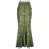 SHOPMOCHO Vintage Fashion Elegant Green Trumpet Long Skirt Graphic Printed Lace Trim Y2K High Waist Skirt Women 2000s Aesthetic