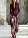 SHOPMOCHO New Elegant Women 2 Piece Suit Notched Lapel Grey Blazer High Waist Stripe Wide Leg Pants Business Casual Outfit Set 2026