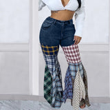 SHOPMOCHO Women Jeans 2025 Summer Fashion Spliced Houndstooth Denim Ruffle Edge Flared High Waist Jeans Pants Female Trousers Streetwear