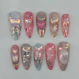 SHOPMOCHO 24Pcs Black Y2k Long False Nails with Almond Head Design Cat's Eye Silver Stripe Pattern Press on Fake Nails Wearable Nail Tips