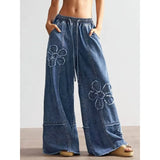SHOPMOCHO Women's Pants Loose Wide Leg Jeans Embroidery Elastic Waistband Drawstring Adjustable High Rise Comfort
