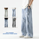 SHOPMOCHO Men's Summer Ripped Jeans Loose Straight Leg Retro Men Draw Rope Port Fashion Brand All-match Casual Pants