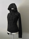 SHOPMOCHO Y2k Grey Retro Wool Double Zipper Design Vintage Hooded Sweatshirt Cardigan Women Spring And Autumn Waist Closure Sweatshirt