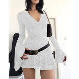 SHOPMOCHO Summer Y2k Women's Dresses Sexy Sheer Mesh Lace Bodycon Dress Flared Long Sleeve V-Neck Mini Dress Party Club Evening Dresses