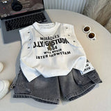 SHOPMOCHO Boys Summer Streetwear Cool Vest Outfit 2-10 Years Letter Sleeveless T-shirt & Denim Cargo Shorts 2-Piece Kids Casual Cotton Set