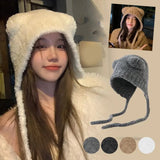 Shopmocho Winter Plush Beanies Cute Bear Ear Wool Hat Warm Lace-up Gorros Knitting Cap Women Bonnets Protection Bomber Korea Ear Knit X4L2