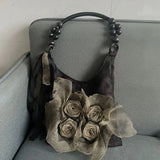 Shopmocho Chinese Style Rose Decor Shoulder Bags Fashion Commuter Tote Bags Classic Pleated Handbags High Quality Women Underarm Bags