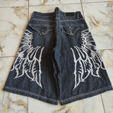 SHOPMOCHO Y2K Baggy Denim Jorts White Tribal Embroidery Wide Leg Jean Shorts Gothic Hip Hop Streetwear