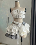 SHOPMOCHO Y2K Pink Two Piece Streetwear Punk Off Shoulder Tops Gothic Lace Spliced ballet Tutu Mini Puff Skirt Rock Sexy Two Piece Set