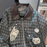 Shopmocho American Sweet Plaid Patchwork Jacket Women Long Sleeve Spring Fall Zip Loose Coat Harajuku Y2K Casual Lazy Kawaii Street Top