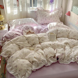 SHOPMOCHO Ruffles Bedding Set Floral Style Duvet Cover Pillowcase with Bedsheet Skin-friendly Bed Linen Set Girls Room Bedclothes