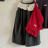SHOPMOCHO UNITIM 2-8Yrs Kids Girls Jeans Loose Lace Patchwork Children Girls Straight Pants Casual Trendy Infant Babys Girls Denim Pants
