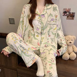 SHOPMOCHO Pink Bow Tie Design Pajamas for Women Long Sleeve Top & Elastic Waist Pants Pajamas Set Harajuku Style Casual New Home Wear