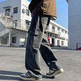 SHOPMOCHO 2025 new men's cement grey work jeans Y2K street hip-hop large pocket wide-leg straight jeans trousers jogging black light blue