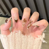 Shopmocho 24Pcs Brown Plaid Press on Nails French Bow Spring False Nail Medium Almond Fashion Atmosphere Wearable Nail for Women&Girl