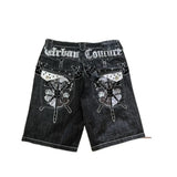 SHOPMOCHO Baggy Y2K New Trend Harajuku Hip-Hop Rock Joker Street Mens Sports Pants Gothic Retro Embroidery Loose American Denim Shorts
