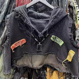 SHOPMOCHO American retro old wash jeans vest women's fashion high-end stitching hole design short sleeveless hooded patch coat jacket.