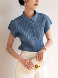 Shopmocho Miyake Pleated Cardigan Single Breasted Short Sleeve Polo Shirt Women Spring Summer Korean Fashion Causal Comfortable Clothing