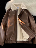 Shopmocho Y2K Fashion Lapel Leather Coat Cotton-padded Jacket Coat Women High Street Vibe Vintage Casual Pilot Jacket Cotton-padded Jacket