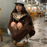 Shopmocho Brown Zip Up Hoodie Women 2025 Autumn Lattice stitching Long Sleeve Casual Oversized Sweatshirt Solid Jacket Women Clothing