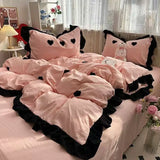 SHOPMOCHO Ins Pink Bow Bedding Set Ruffles Duvet Cover Set Flat Sheet Set Women Girls Princess Bed Linen Set Single Twin Queen Bedclothes