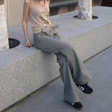 SHOPMOCHO Retro New Belt Design Pocket Gray Women Work Pants Fashionable High Street Harajuku Loose Straight Leg Floor Pants