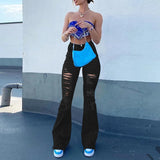 Shopmocho Women High Waist Black Flare Jeans Lady Bell Bottom Ripped Denim Pants Streetwear Distressed Classic Full Length Long Trouser