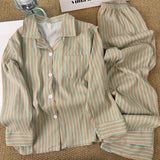 SHOPMOCHO Korean-Style Simple Striped Pajamas for Women, New Spring and Summer Loose Lazy Long-Sleeve and Long Pants Homewear Set