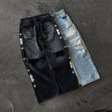 SHOPMOCHO Gothic Diamond Punk Hip Hop Men's Slim Jeans Damaged Destroyed Hole Baggy Denim Long Trouser Pants Y2k Streetwear Ripped Jeans