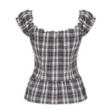 Shopmocho Rockmoer Tartan Plaid Sweet Slim Blouse for Women 2000s Summer Retro Preppy Cute Shirt Y2K Fairycore Button-up Square Collar Top
