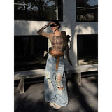 SHOPMOCHO ZHIZOU Women Blue Baggy Y2k Ripped Jeans Hip Hop Grunge Wide Jean Pants Vintage 2000s Harajuku Denim Trousers Clothes Summer