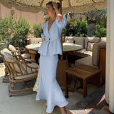 Shopmocho Women 's Skirt Set V-neck Lace Up Short Bubble Sleeve Hollow Out Shirt High Waist Long Skirt Female Suit 2025 Summer Lady Outfit