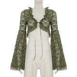 SHOPMOCHO-Green Y2K Mori Girl Flared Sleeve Cardigan For Women Tie-up Lace Cover-Ups Perspective Ruffes Cropped Shirts Coquette