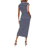 Shopmocho Elegant Waist Tie Striped Round Neck Short Sleeves Long Dress Summer Women's High-End Feel Women's Clothing Skirt