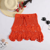 Shopmocho Handmade Crochet Hollow Out Swimwear Cover Up Solid Color Drawstring Short Skirt Women Holiday Knitting Sweet Beachwear