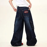 SHOPMOCHO Japanese Korean Versions Harajuku Men'S Jeans Fashion Casual Curved Pants Loose Pants Large Pockets Denim Straight Leg Pants