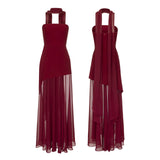 Shopmocho Combhasaki Women Summer Elegant Strapless Sheer Ruffle Hem Patchwork Backless High Split A-line Party Tube Long Dress with Scarf