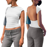 Shopmocho Sexy Backless Black T-shirts Women Short Sleeve Solid O-Neck Fashion Summer New Tees Clubwear Streetwear Casual Slim Crop Top