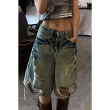 SHOPMOCHO Women's Distressed Washed Denim Capris Loose Wide-Leg Ripped Mid-Length Jeans
