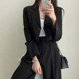 SHOPMOCHO Korean OL Short Suits Sets Women Casual Loose Crop Blazers Jackets Conjunto New High Waist Wide Leg Pants Ensemble Offcie Outfit