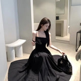 SHOPMOCHO-Temperament Apricot Suspender Dress Gentle Summer Vacation Style Waist Cinched Backless  Big Swing A-line Long Skirt Q147