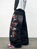 SHOPMOCHO Unisex White Red Tribal Flame Print Loose Wide Leg Jeans Y2K Grunge Streetwear Oversized Denim Pants
