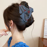 Shopmocho Korean Fabric Plaid Triangular Hair Claw Clips for Women Bow Imitation Pearl Button Acrylic Shark Clip High-end Hair Accessories