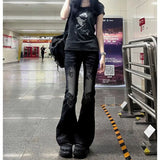 SHOPMOCHO Low Waist Vintage Denim Jeans Women's Printed Elastic Millennium Flared Pants Early Taste Design Classic Long Pants Cotton