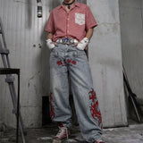 SHOPMOCHO 2026 New Japanese Streetwear Embroidered Baggy Jeans Men's Hip Hop Punk Fashion Y2K Denim Pantalones Retro Straight-leg Jean